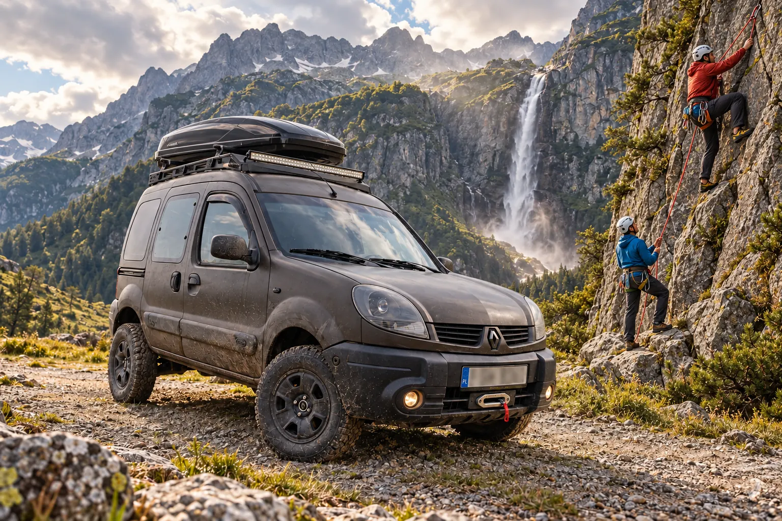 Kangoo 4x4 w górach przy wodospadzie, wspinacze na skale