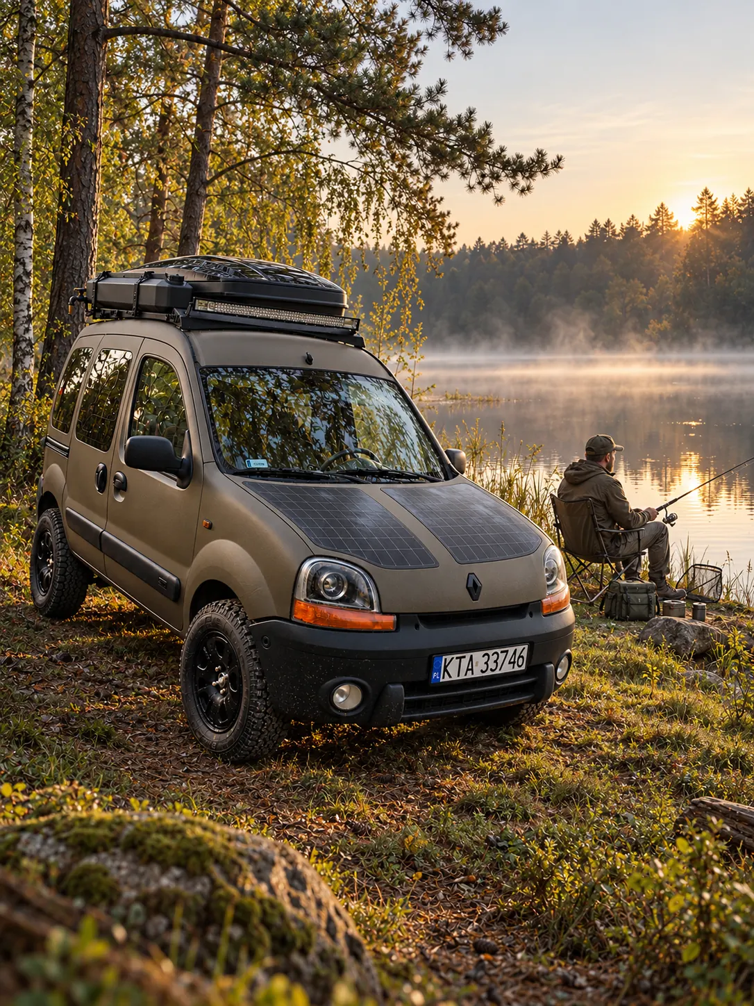 Kangoo 4x4 nad jeziorem o świcie, wędkarz przy brzegu