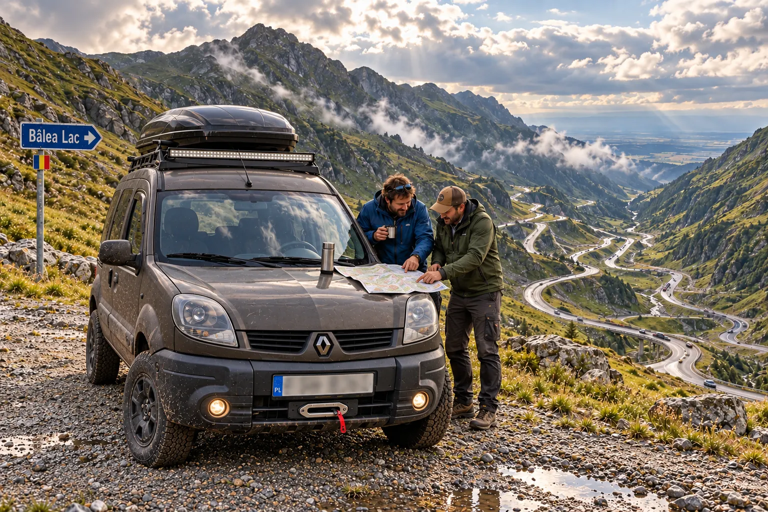 Kangoo 4x4 na Trasie Transfogarskiej, dwóch podróżników z mapą