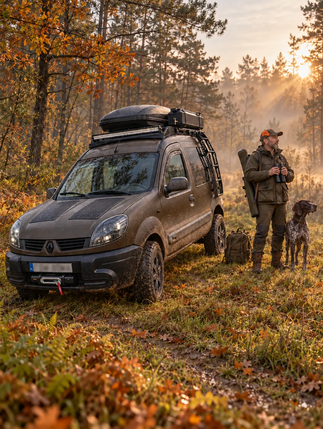 Myśliwy z psem przy Kangoo 4x4 w jesiennym lesie